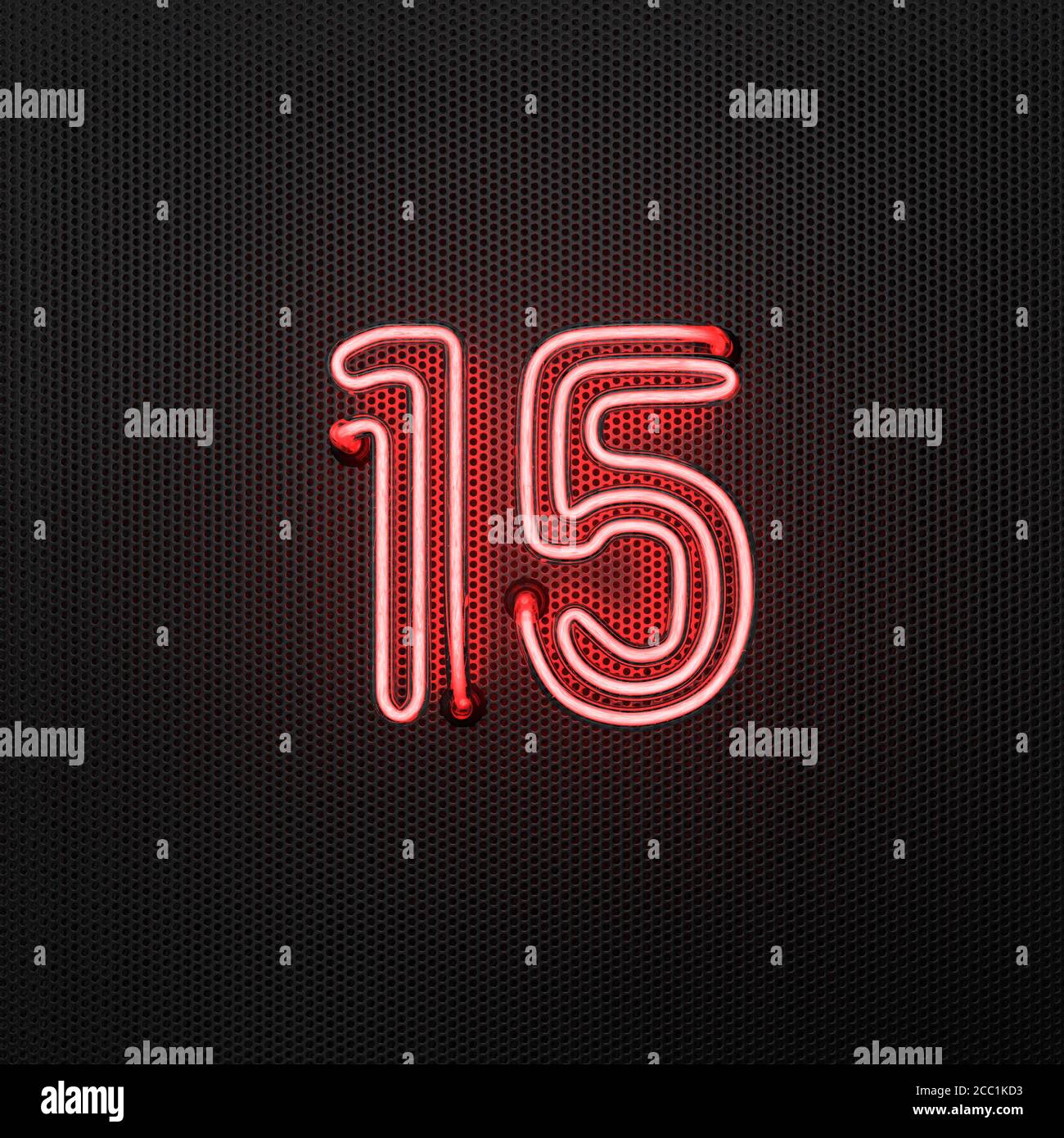 Glowing red neon number 15 (number fifteen) on a perforated metal ...