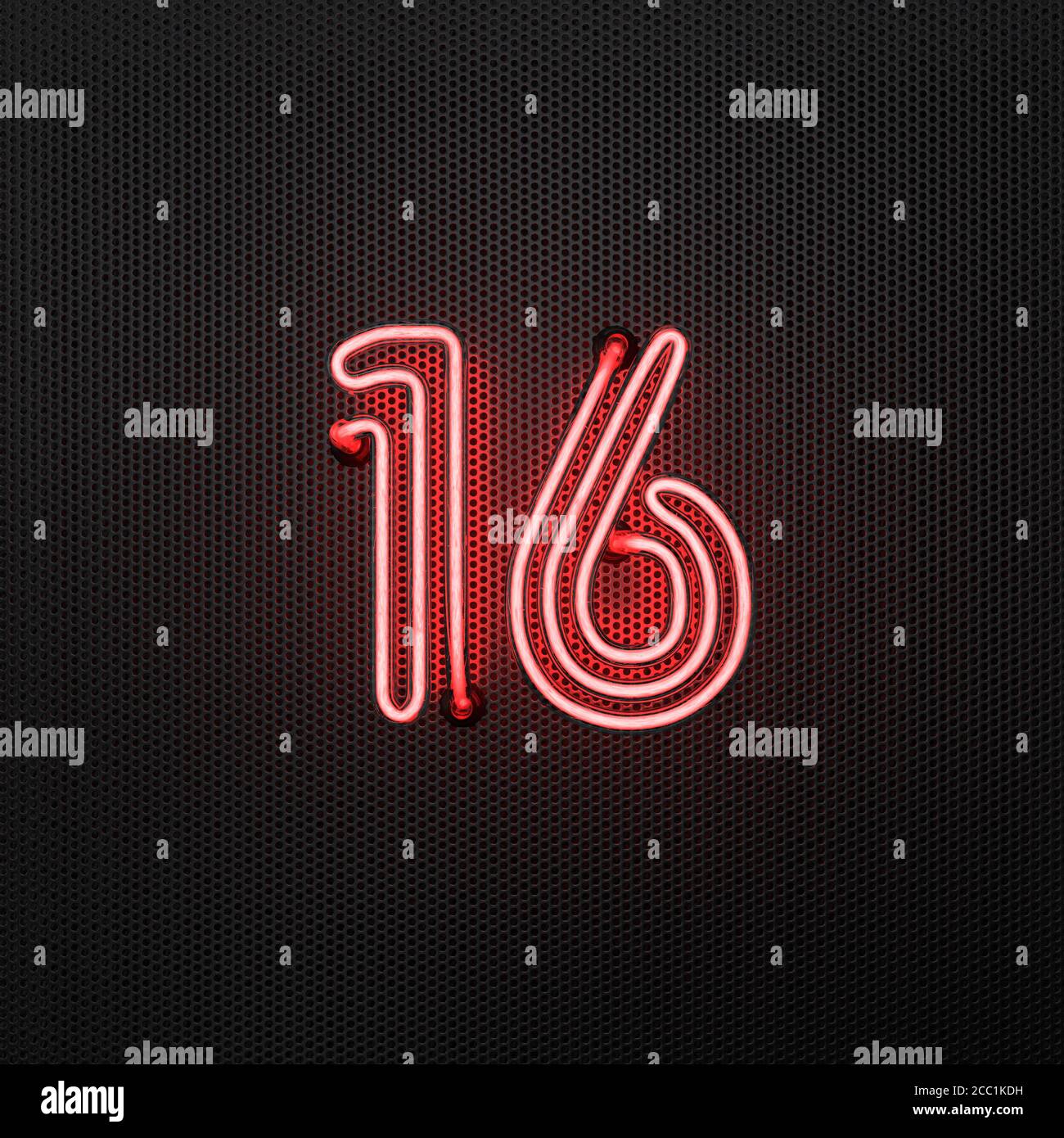 Glowing red neon number 16 (number sixteen) on a perforated metal
