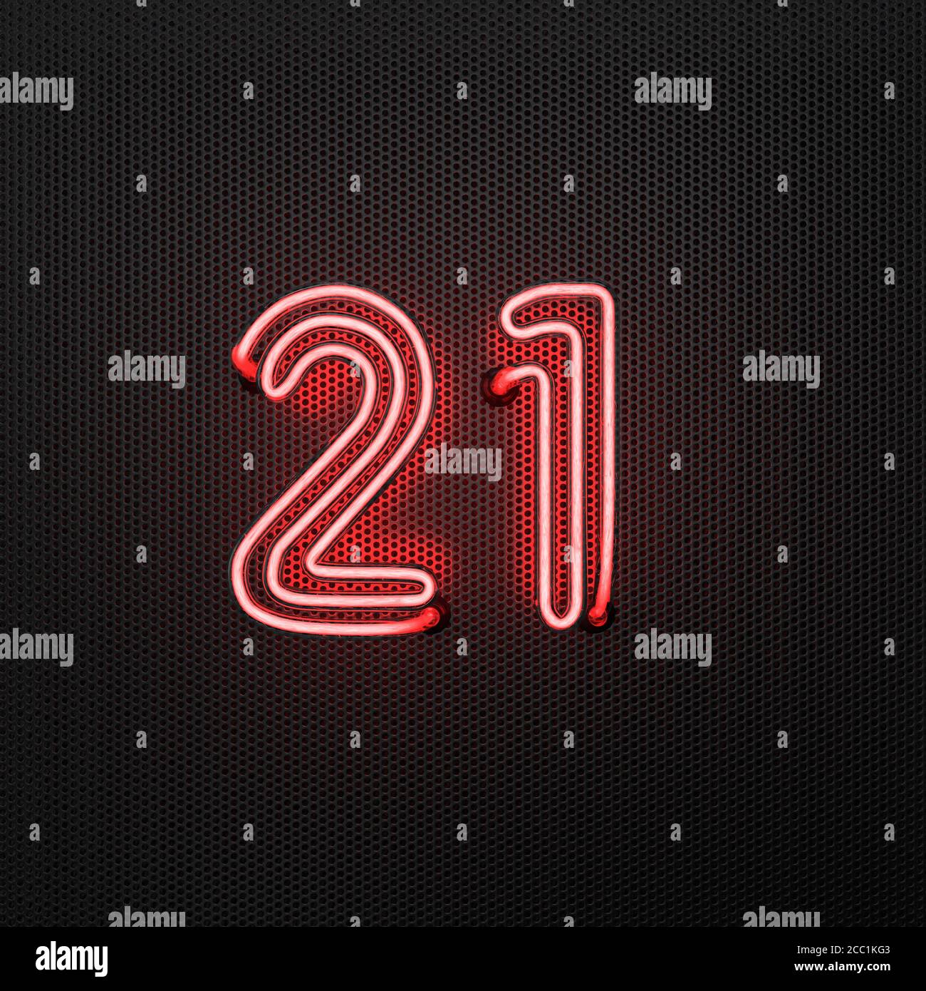 Glowing Red Neon Number 21 Number Twenty One On A Perforated Metal Glowing Red Neon Number 21 Number Twenty One On A Perforated Metal