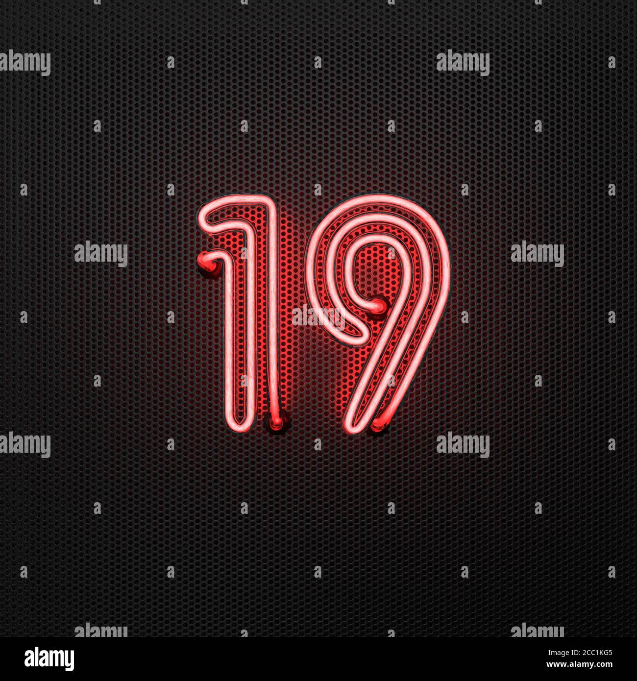 Glowing red neon number 19 (number nineteen) on a perforated metal ...