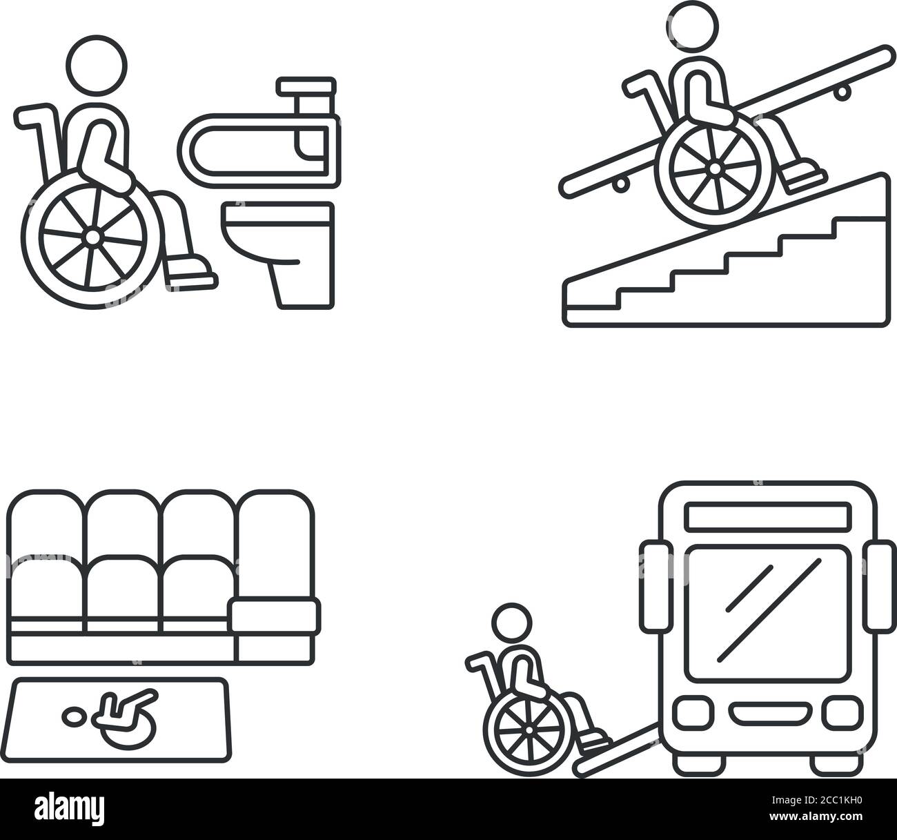 Wheelchair users facilities linear icons set Stock Vector