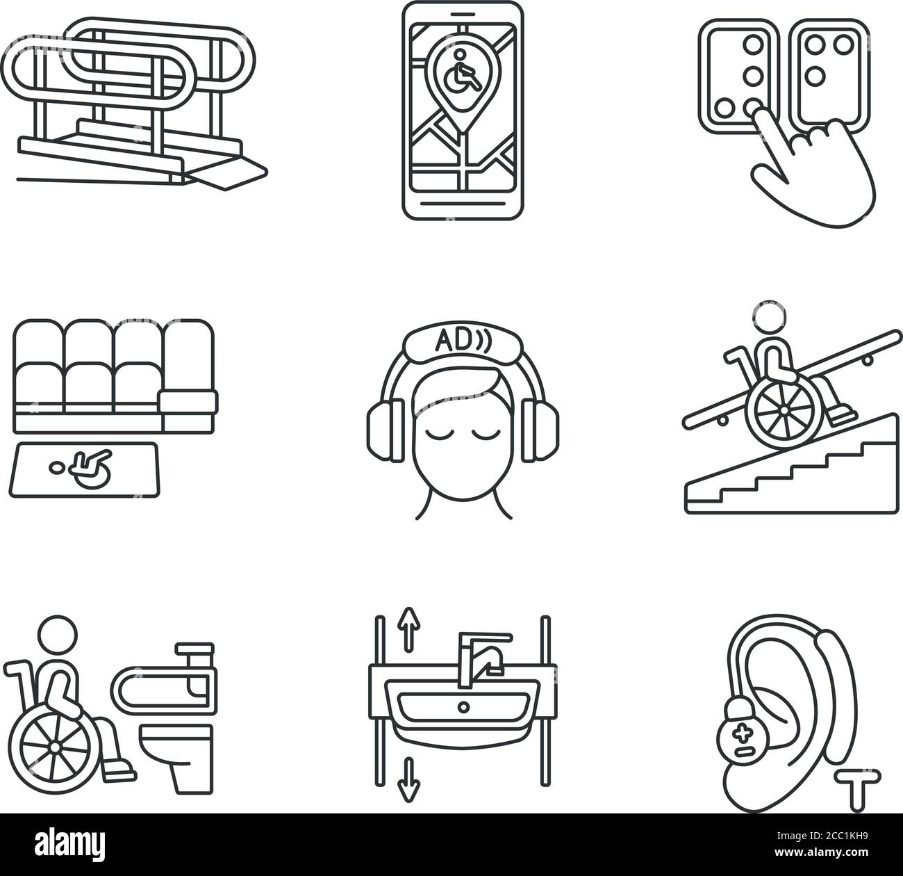Facilities for people with disabilities linear icons set Stock Vector