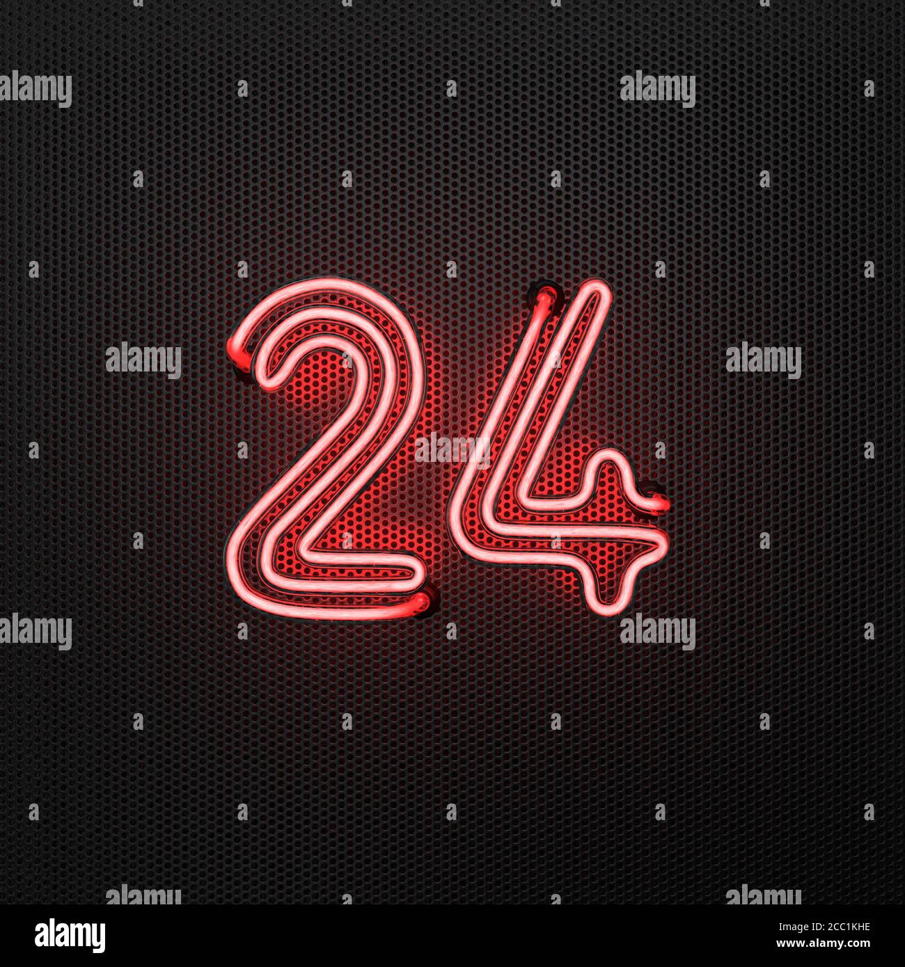 Glowing red neon number 24 (number twenty-four) on a perforated metal ...