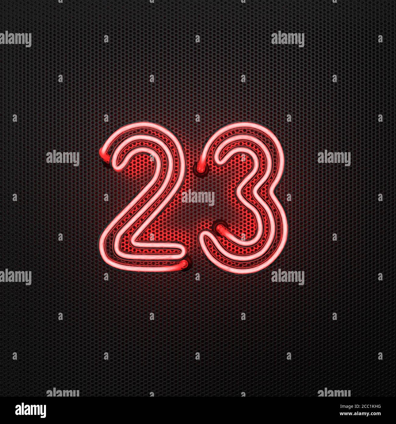 Glowing red neon number 23 (number twenty-three) on a perforated metal