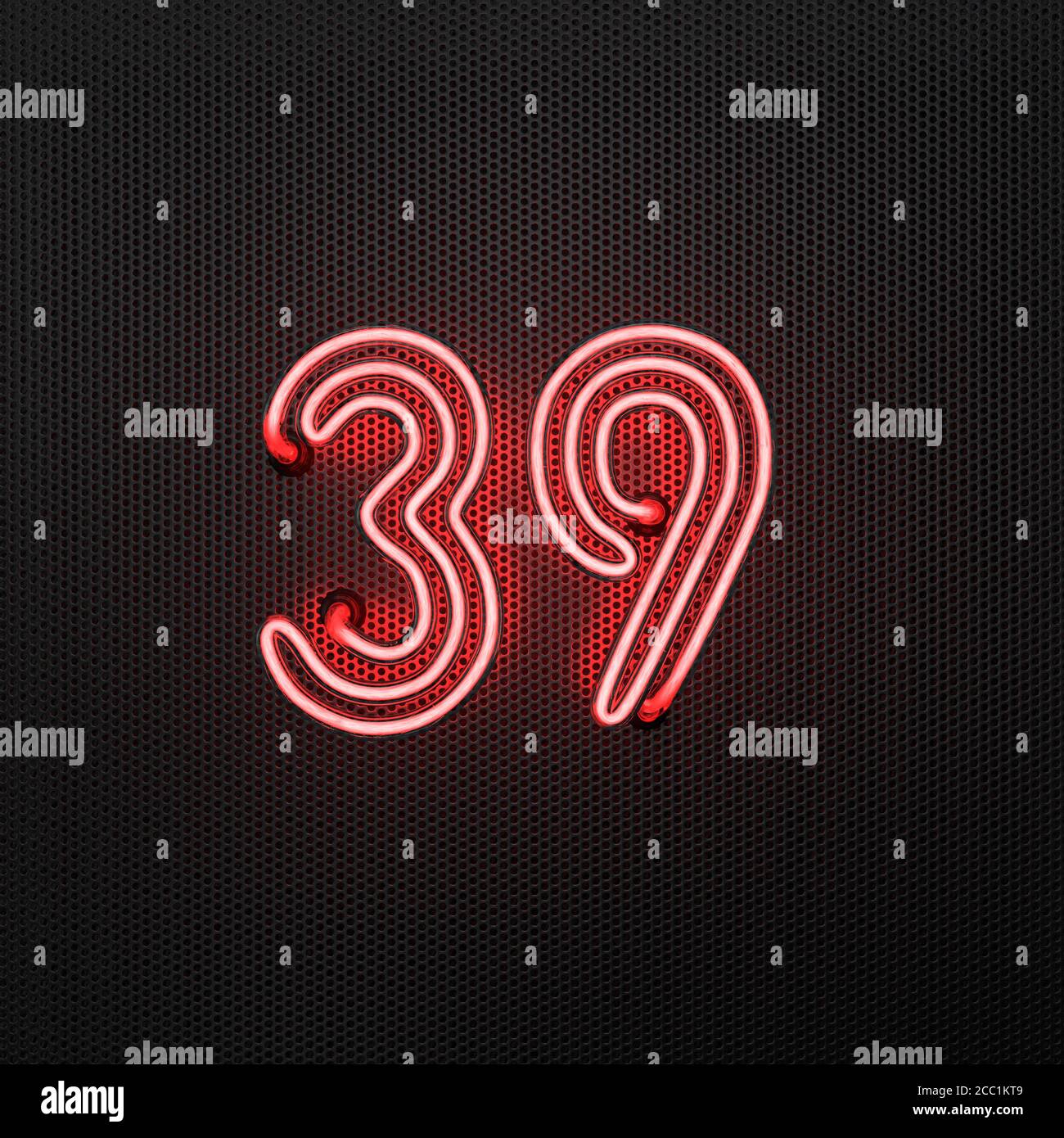 Glowing red neon number 39 (number thirty-nine) on a perforated metal background. 3D illustration Stock Photo