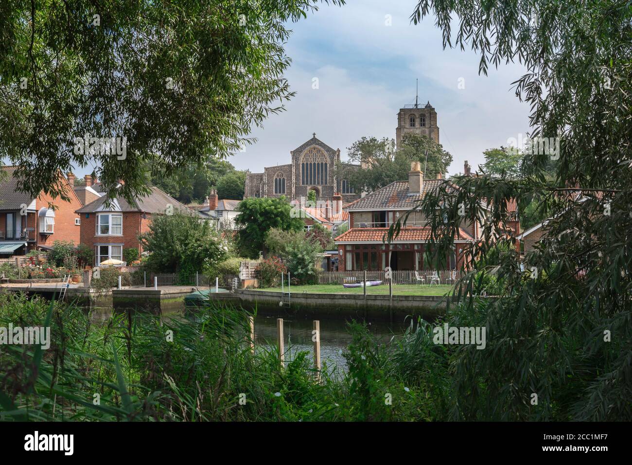 Beccles Suffolk UK, view across the River Waveney in summer of the market town of Beccles in Suffolk, East Anglia, England, UK Stock Photo