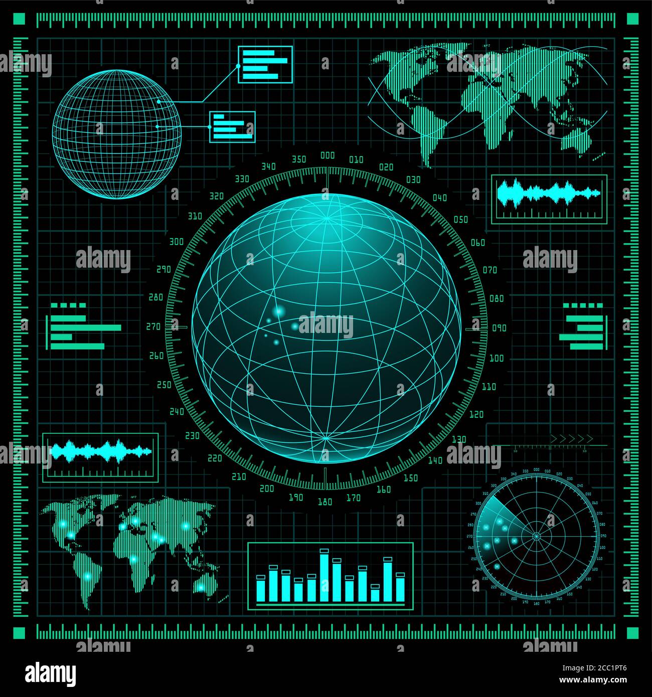 Set of futuristic graphic user interface HUD. Infographic design UI elements and radar screens. Head up display icons. Vector cyberpunk illustration. Stock Vector