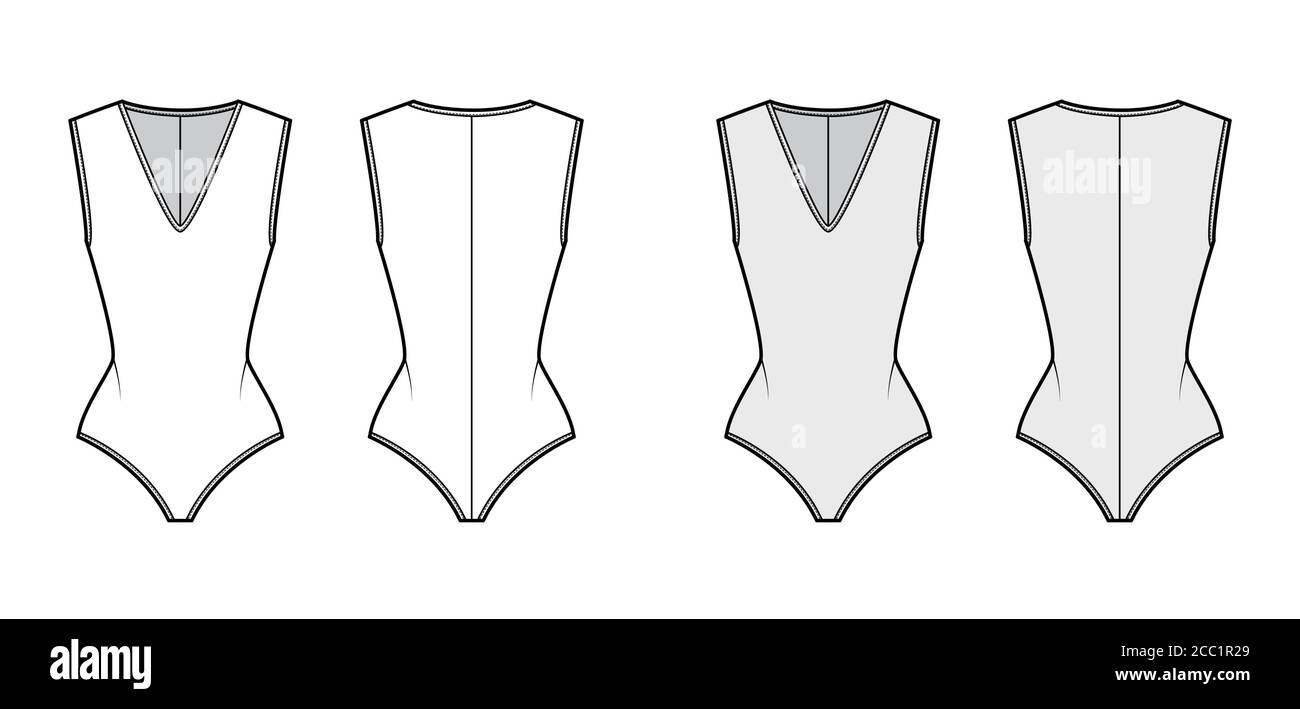 Stretch Jersey Bodysuit Technical Fashion Illustration With Plunging V Neckline Back Zip Fastening Flat One Piece Apparel Template Front Back White Grey Color Women Men Unisex Swimsuit Mockup Stock Vector Image Art Alamy