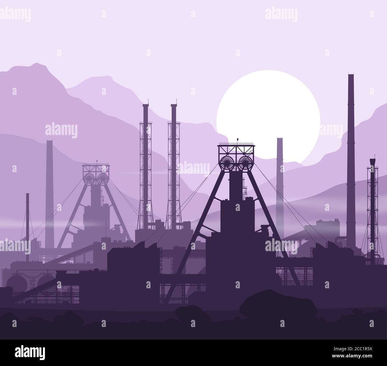 Mineral fertilizers plant over violet great mountain range at sunset. Detail vector illustration of large mine and chemical manufacturing plant. Stock Vector