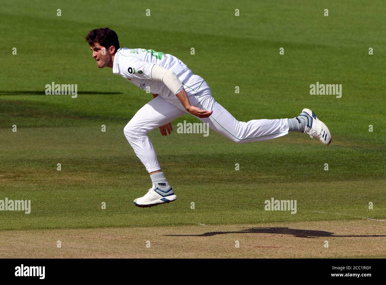 Pakistan's Shaheen Afridi bowling during day five of the Second Test match at the Ageas Bowl, Southampton. Stock Photo
