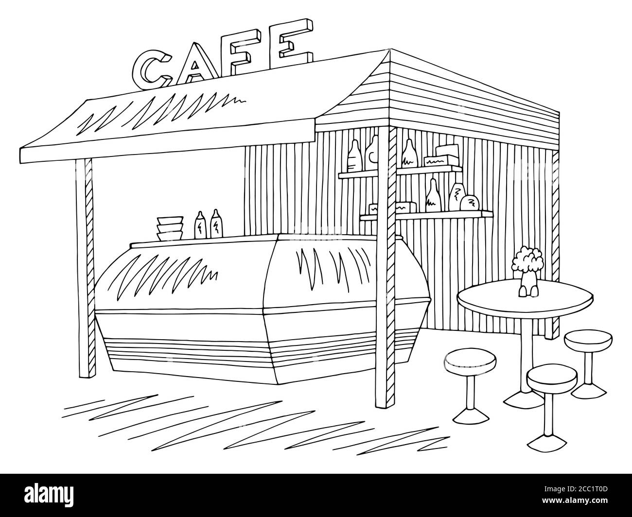 Street cafe graphic black white sketch illustration vector Stock Vector
