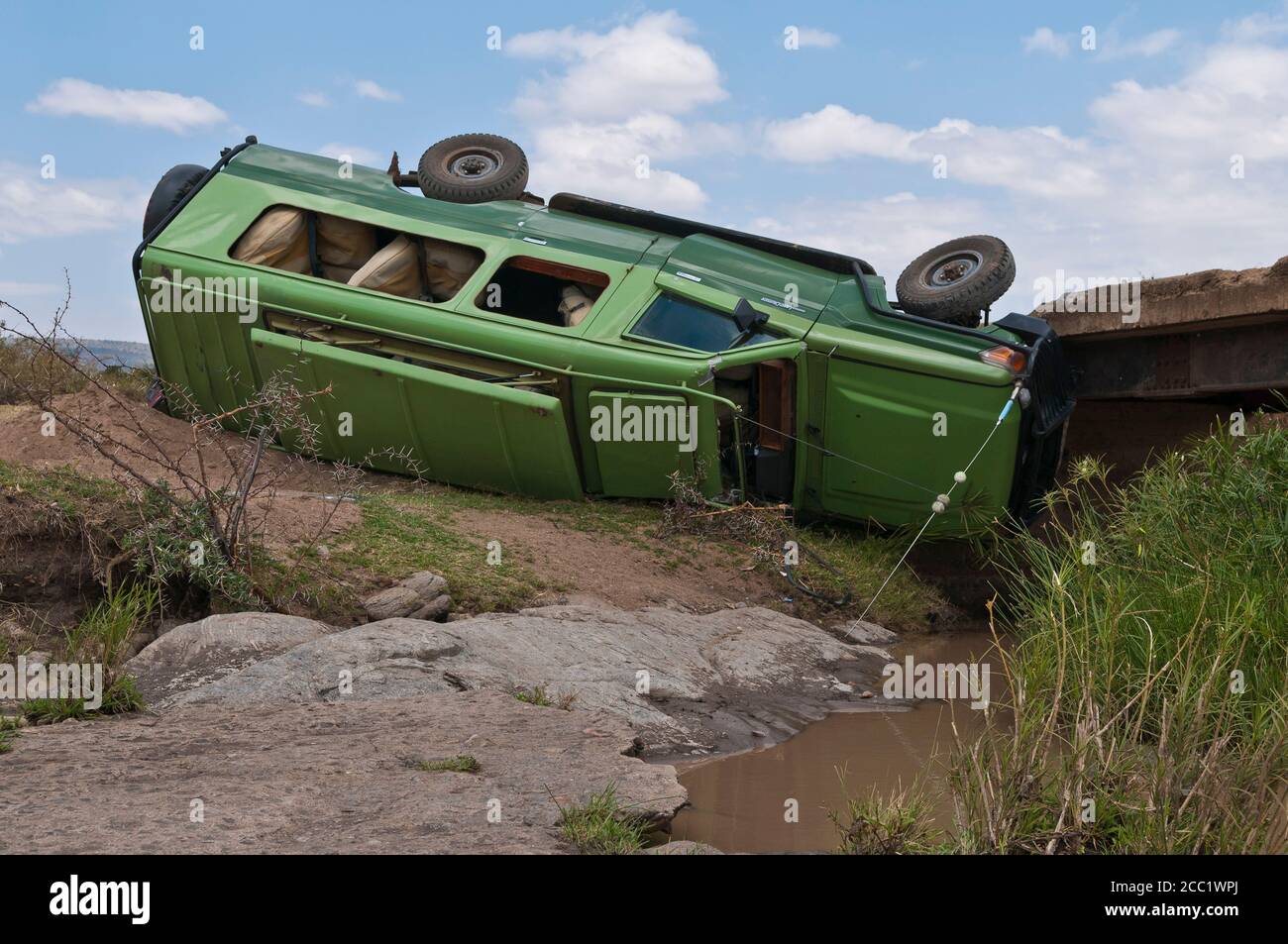 Africa, Kenya, Accident of safari jeep at Maasai Mara National Park Stock Photo