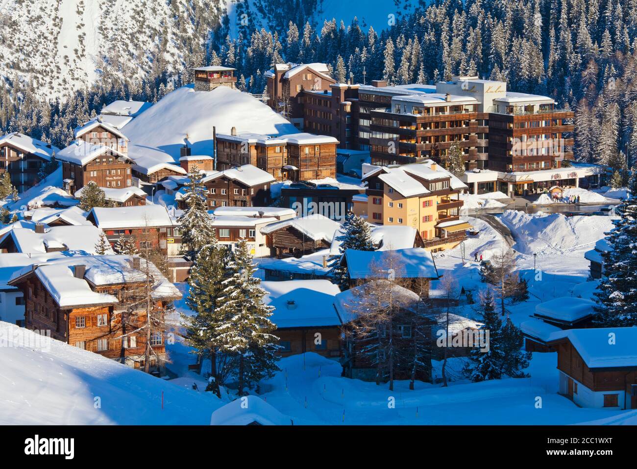 Switzerland, View of Alpine cabin and Kulm hotel at Grison Stock Photo