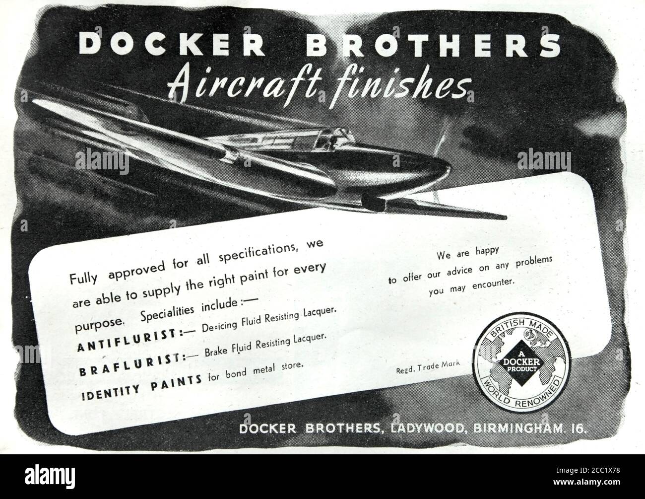 Vintage 1942 advertisement for aircraft finishes made by the Docker Brothers company of Birmingham, UK. Stock Photo