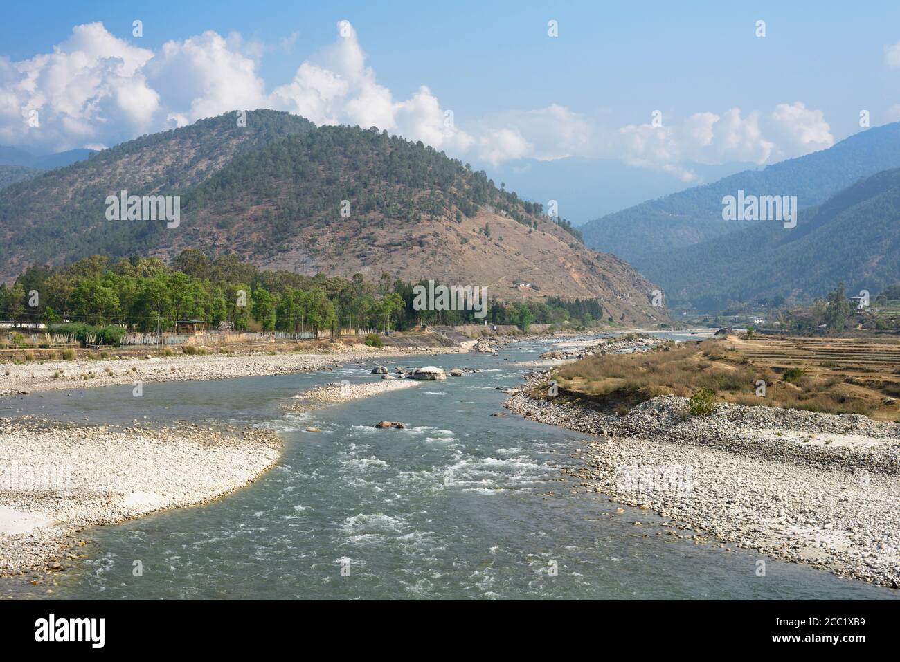 Bhutan, View of Punakha Valley at riverside Stock Photo