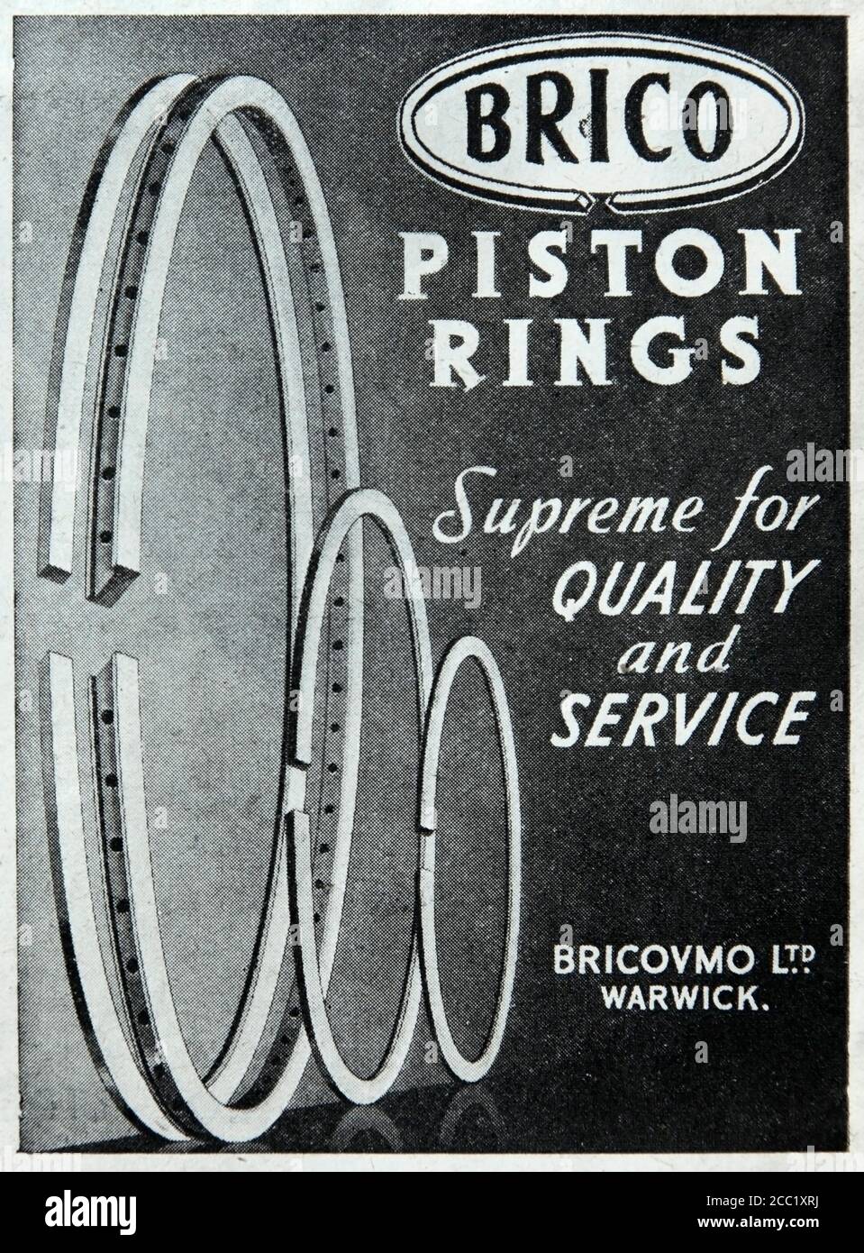 Vintage 1942 advertisement for British Brico piston rings as used in the aircraft industry. Stock Photo