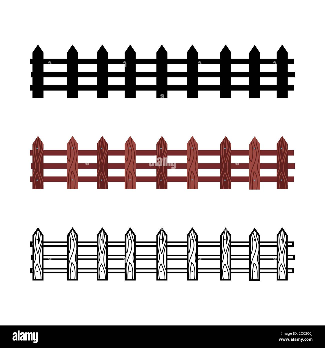 Set of wooden fences in trendy flat style isolated. Stock Vector illustration. Stock Vector