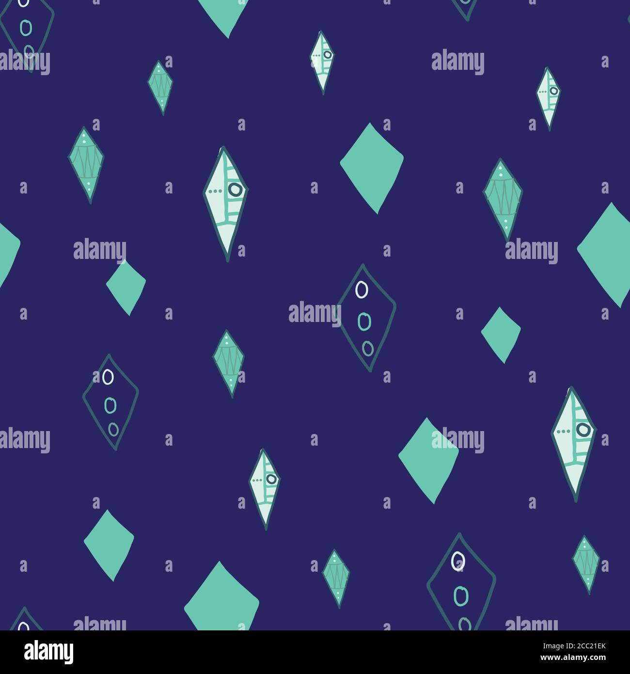 doodles in shield shapes teal on blue background Pattern Seamless pattern Vector hand drawn illustration surface design Stock Vector