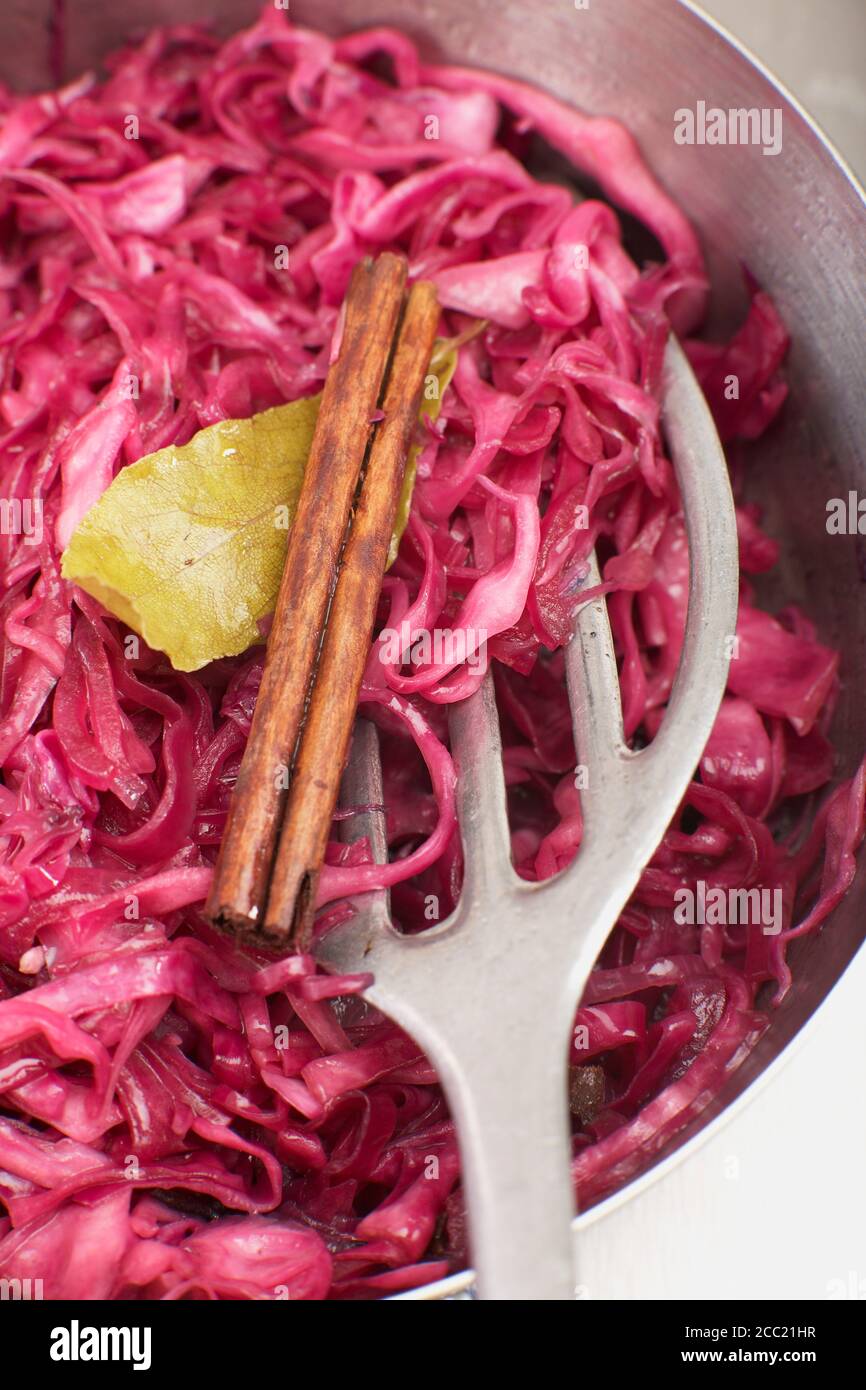 Preparing red cabbage in pan, close-up Stock Photo