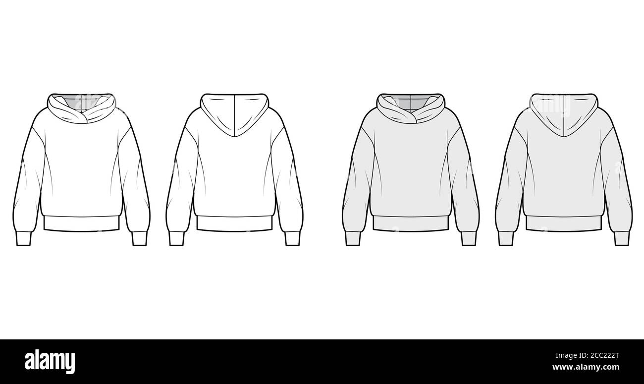 Oversized cotton-fleece hoodie technical fashion illustration with relaxed  fit, long sleeves. Flat outwear jumper apparel template front, back, white,  grey color. Women, men, unisex sweatshirt top CAD Stock Vector Image & Art -