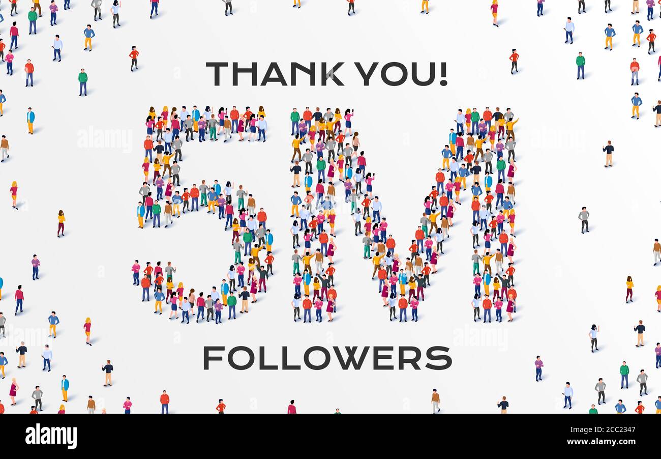 5M Followers. Group of business people are gathered together in the shape of five million sign, for web page, banner, presentation, social media, Crowd of little people. Teamwork. Stock Vector