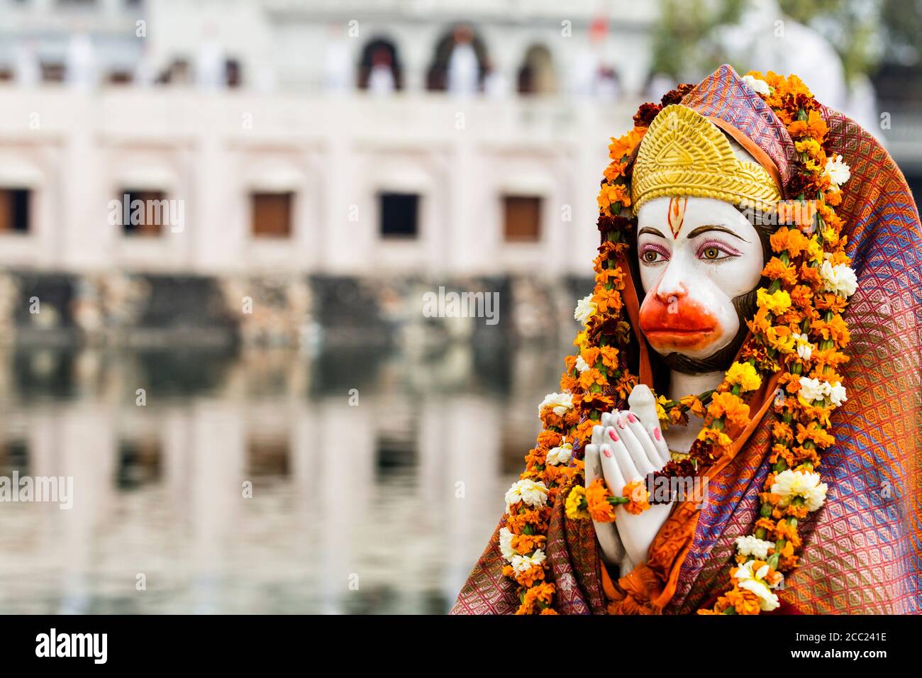 India, Punjab, Amritsar, Close up of Lord Hanuman at Lakshmi Narayan Temple Stock Photo