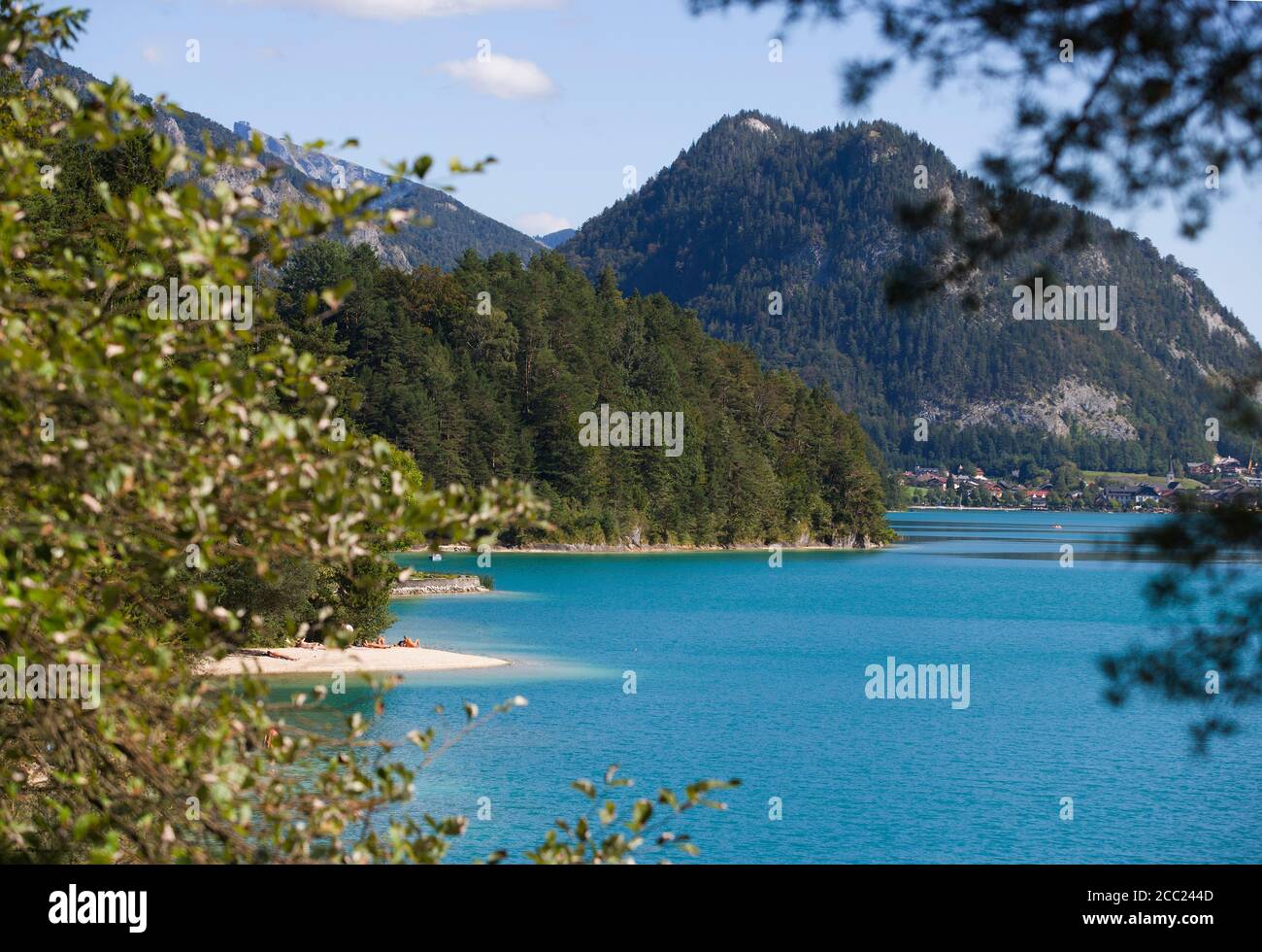 Austria,Fuschl am See,  View of beach with Fuschlsee Lake Stock Photo