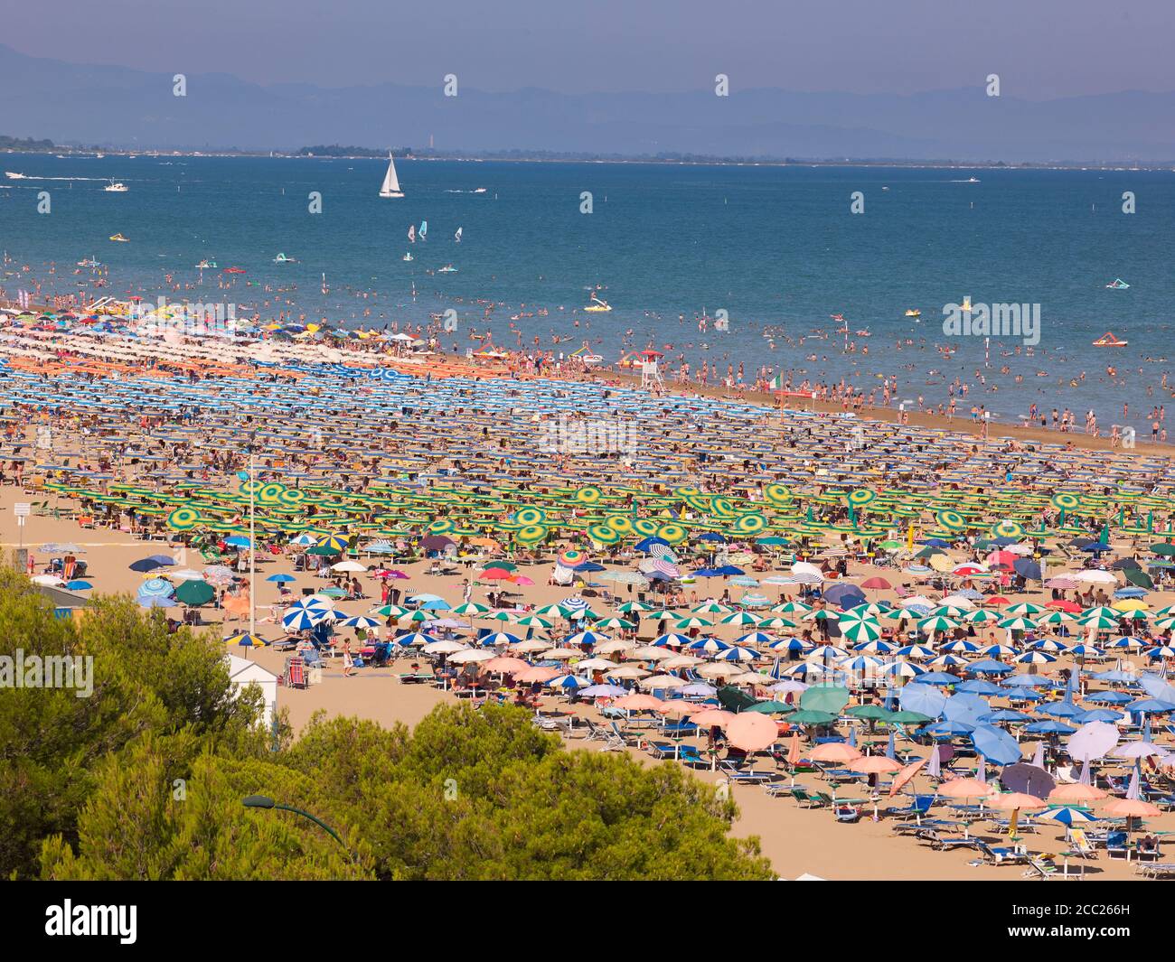 Italy, Udine, View of beach with sunshades Stock Photo