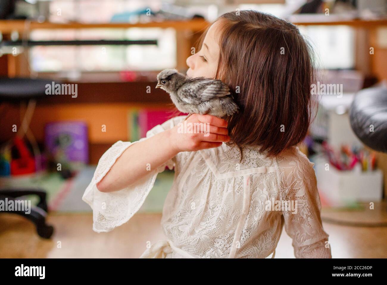 A beautiful little girl in lace dress holds baby chick up to her cheek Stock Photo