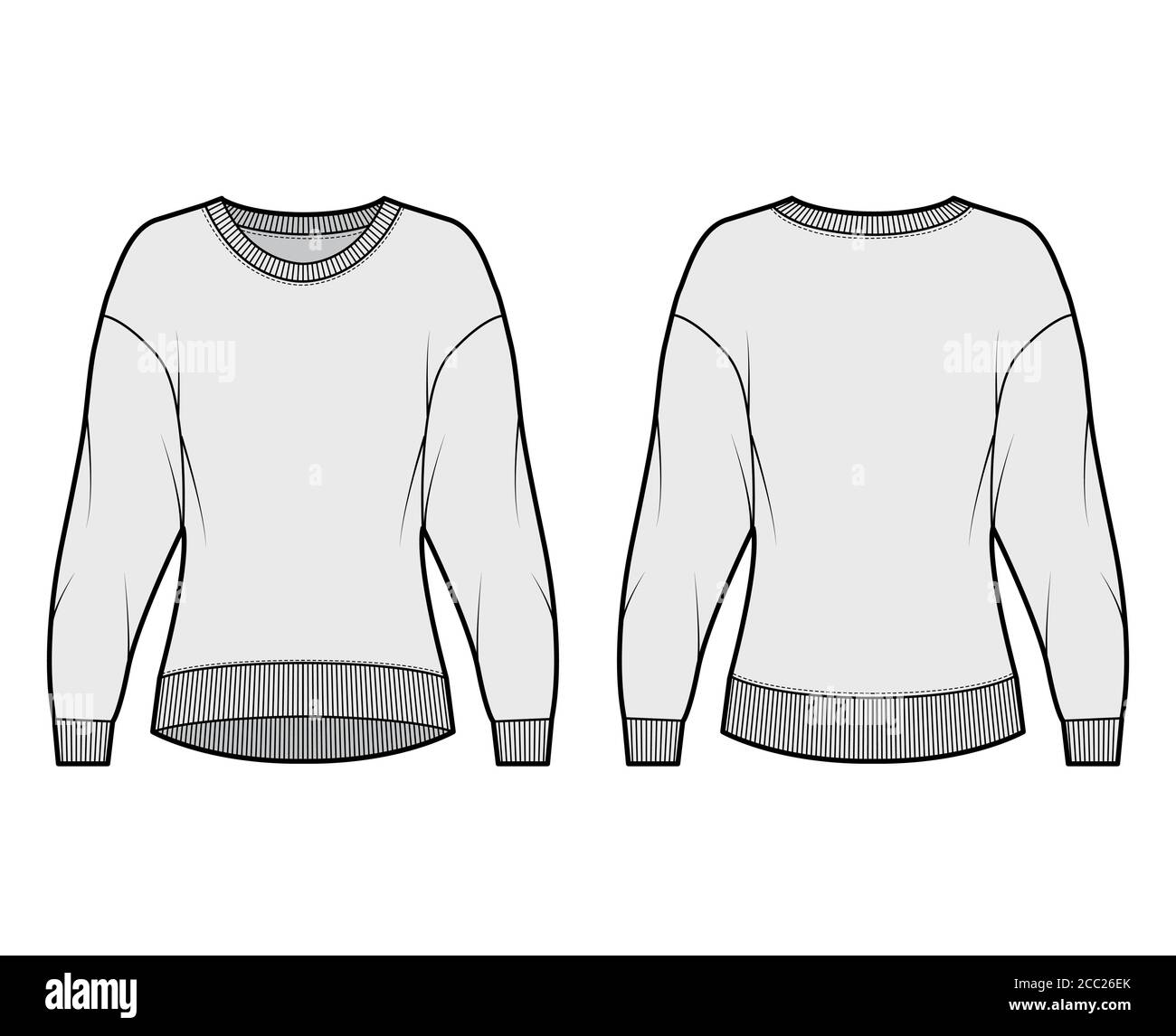 Cotton-terry sweatshirt technical fashion illustration with relaxed fit, crew neckline, long sleeves. Flat outwear jumper apparel template front, back, grey color. Women, men, unisex top CAD mockup Stock Vector