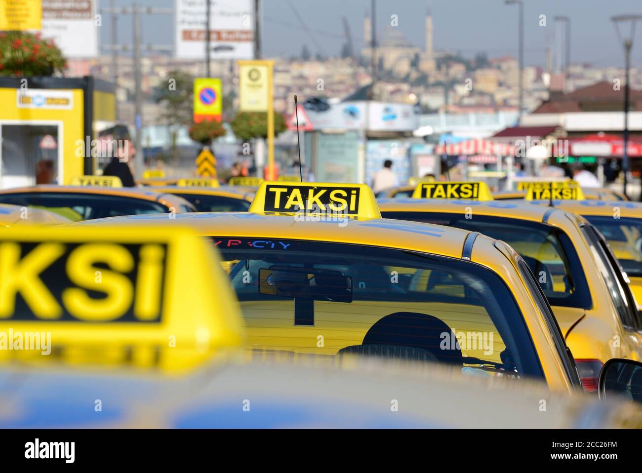 Turkey, Istanbul, Yellow cabs in traffic Stock Photo