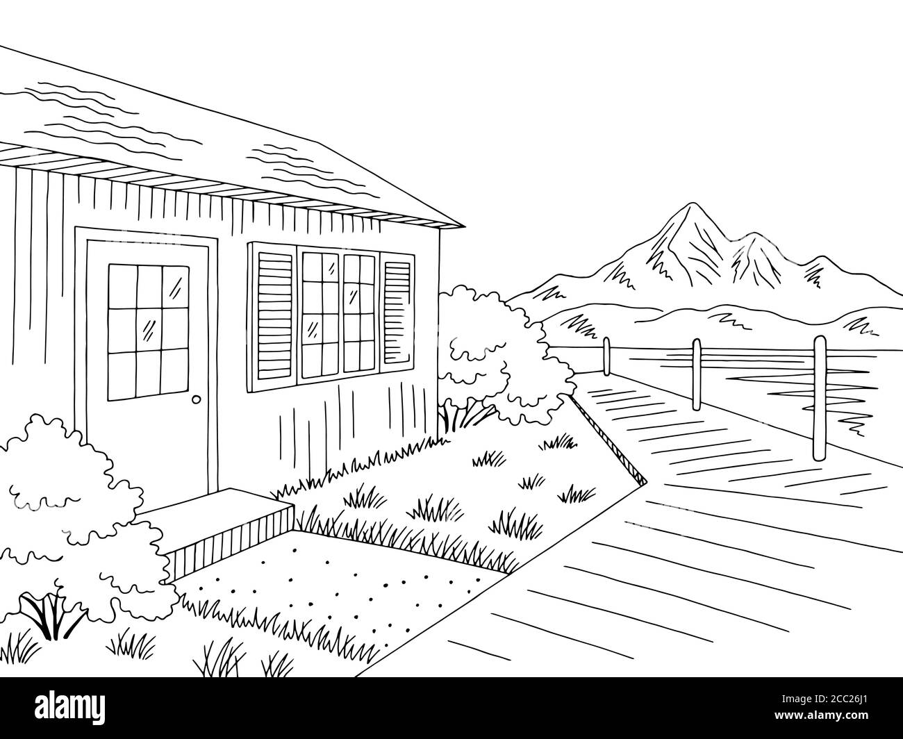 House lake graphic black white landscape sketch illustration vector Stock Vector