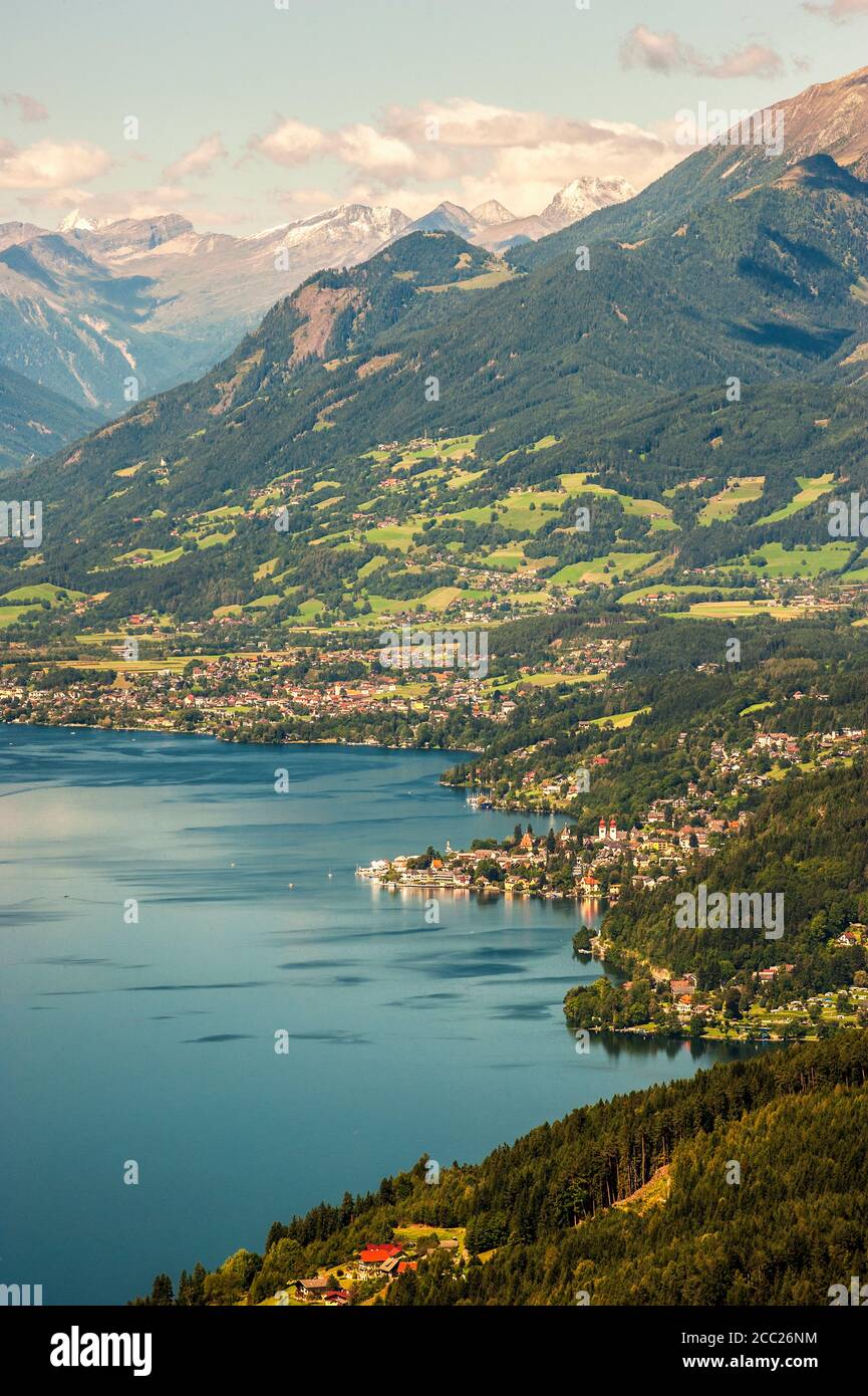 Austria, Carinthia, View of Millstatter See with Millstadt and Seeboden Stock Photo