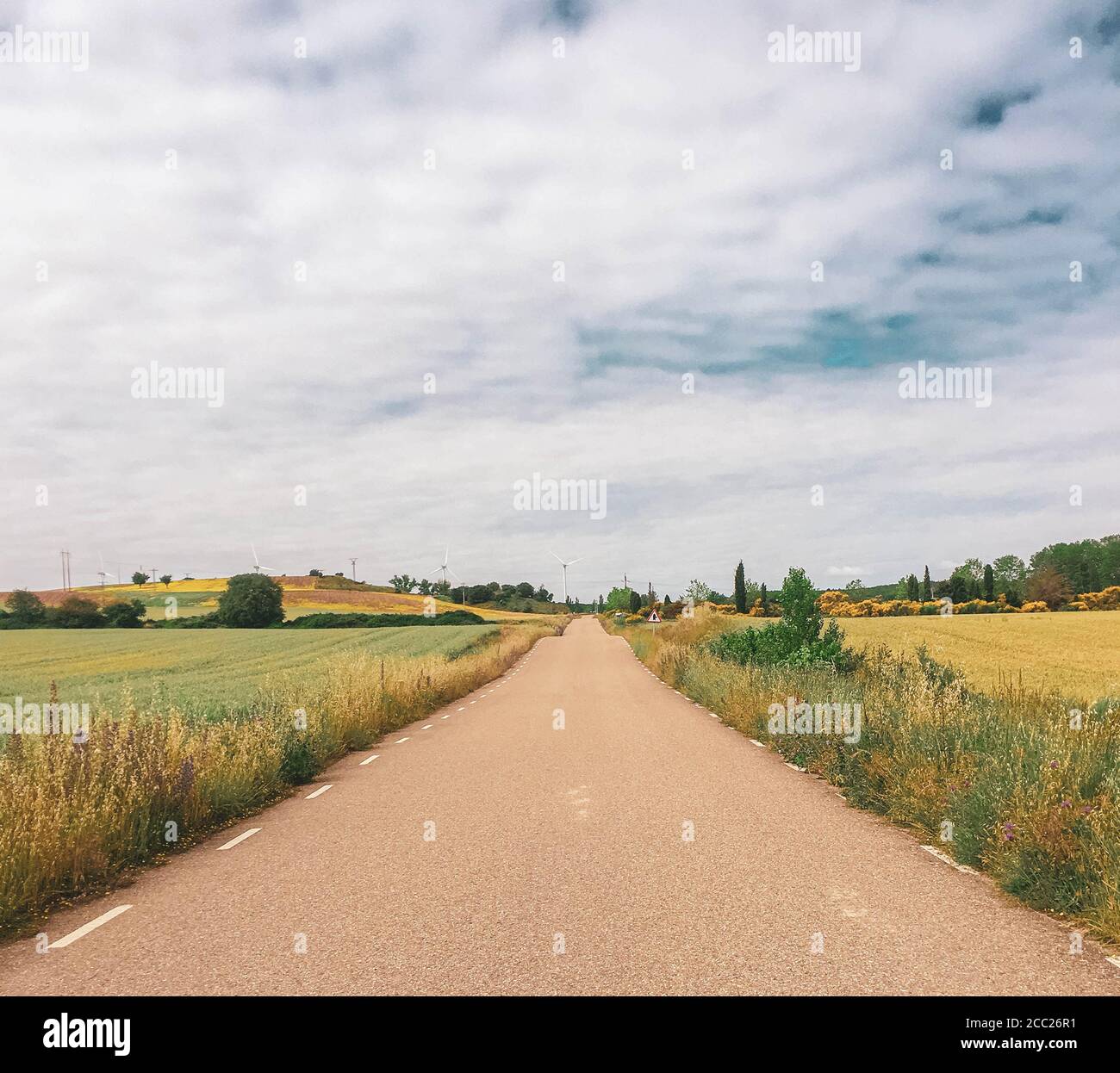 Road in the middle of the field against cloudy sky with windmills Stock ...