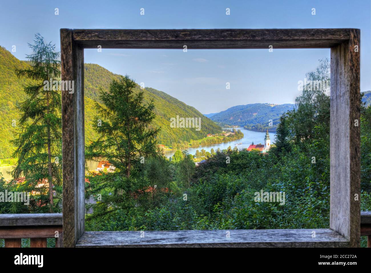 Austria, View of Engelszell Abbey at Danube River through frame Stock Photo
