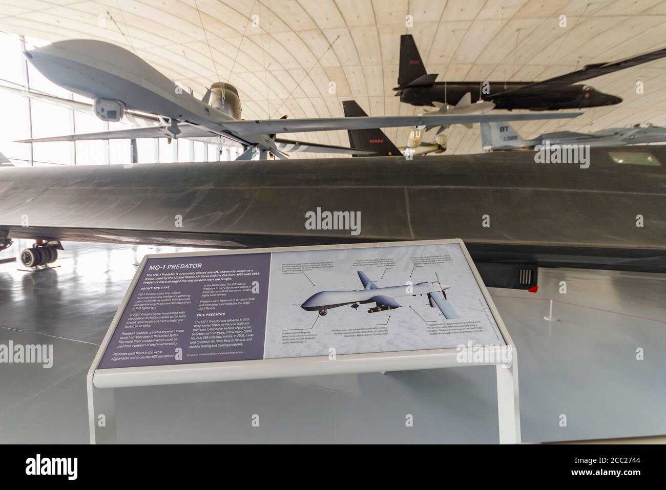 General Atomics MQ-1 Predator inside the American Air Museum, Imperial War Museum, Duxford, Cambridgeshire, UK. Remotely piloted aircraft (RPA) drone Stock Photo