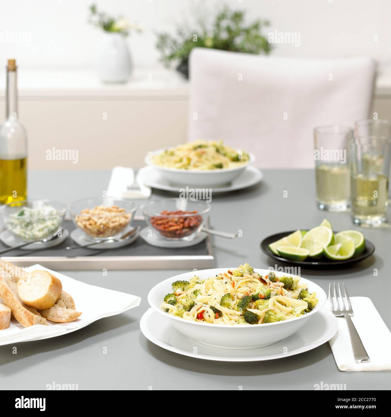 Lunch for two, pasta with broccoli Stock Photo