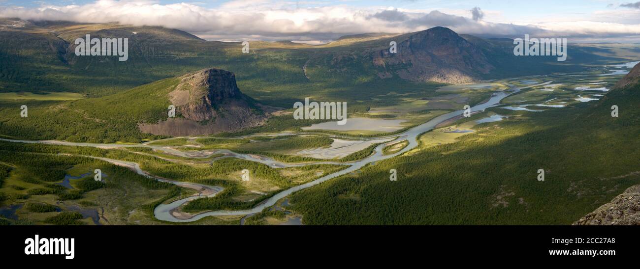 Sweden, Lapland, View of rapa river including Nammasj and Skierffe-cliff in Sarek national park Stock Photo