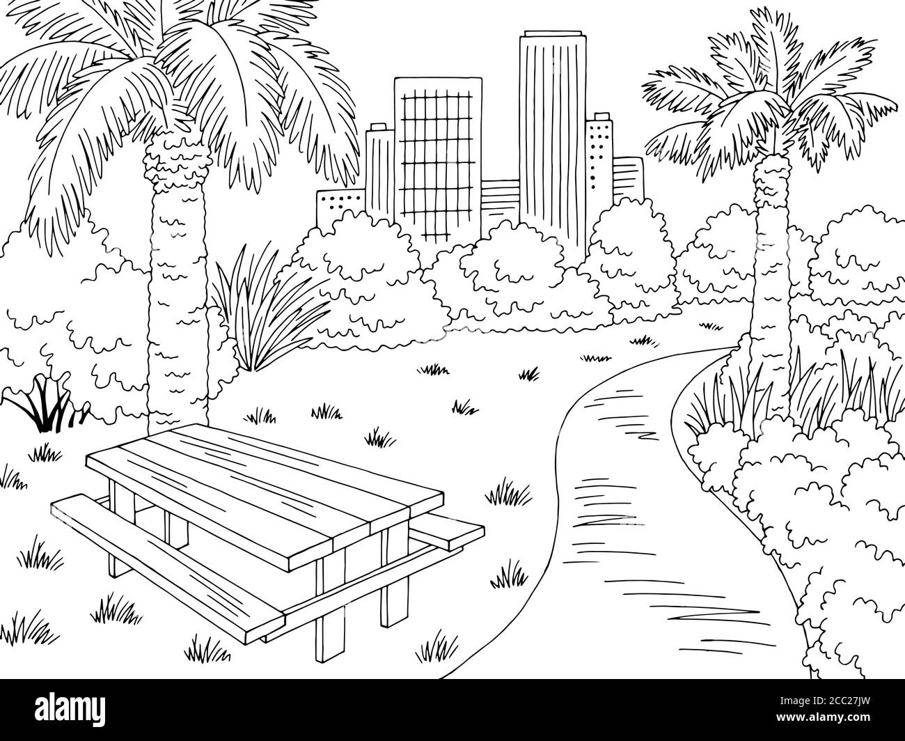 Park graphic black white table landscape sketch illustration vector Stock Vector