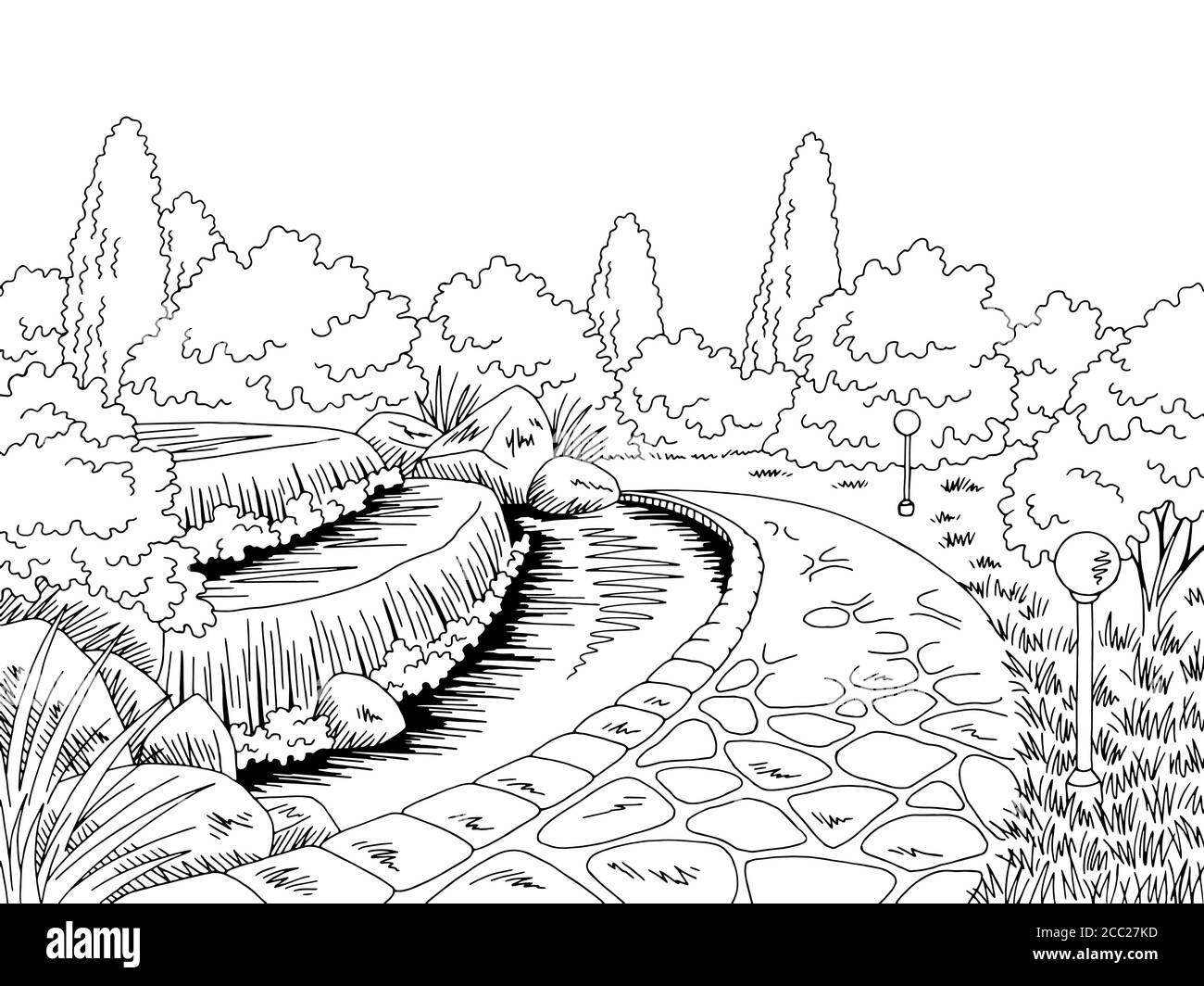 Park pond graphic black white landscape sketch illustration vector