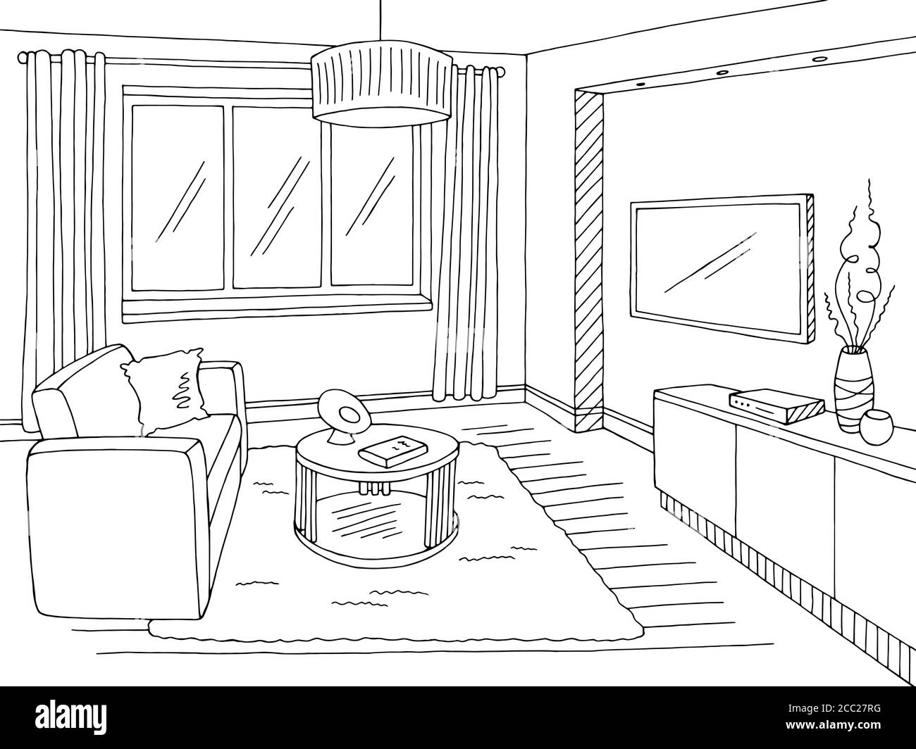 Living room graphic black white home interior sketch illustration vector  Stock Vector Image & Art - Alamy