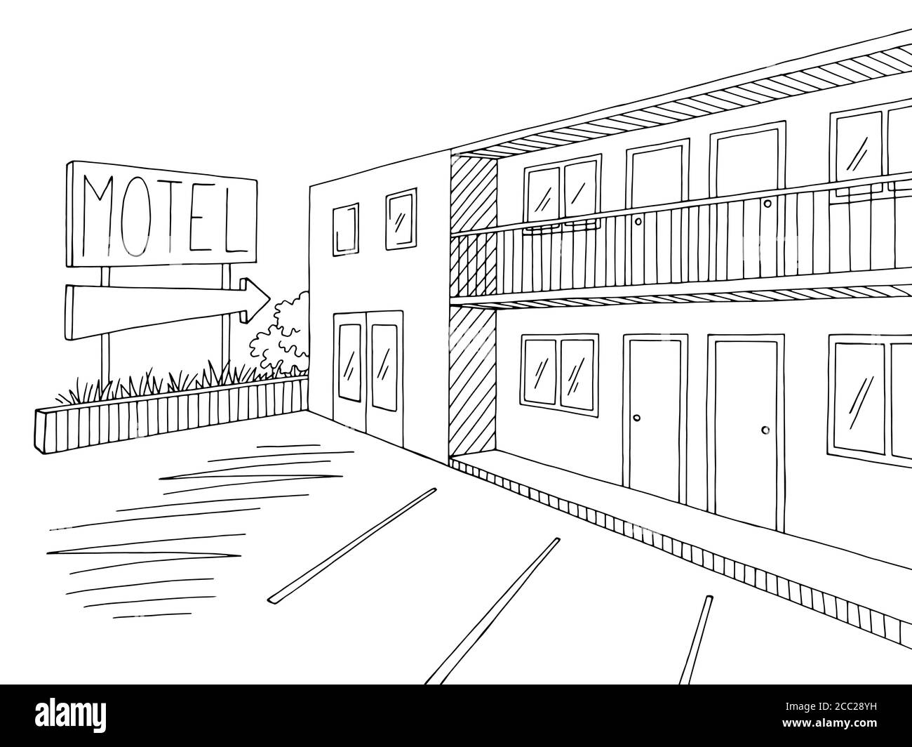 Motel exterior graphic black white sketch illustration vector Stock Vector