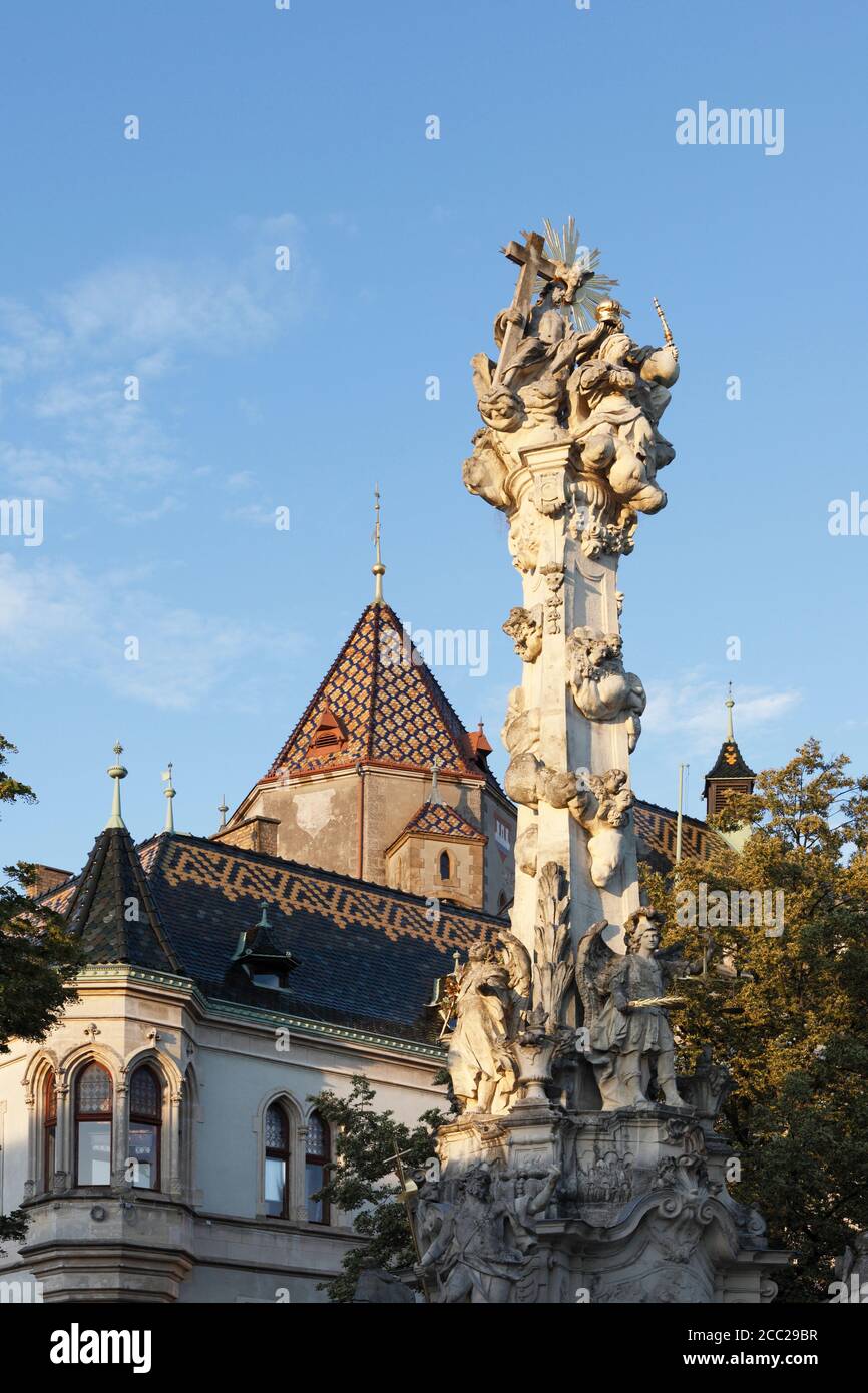 Austria, Lower Austria, Weinviertel, Korneuburg, View of trinity column at town hall Stock Photo