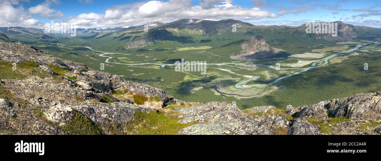 Sweden, Lapland, View of rapa valley including Nammasj and Skierffe-cliff in Sarek national park Stock Photo