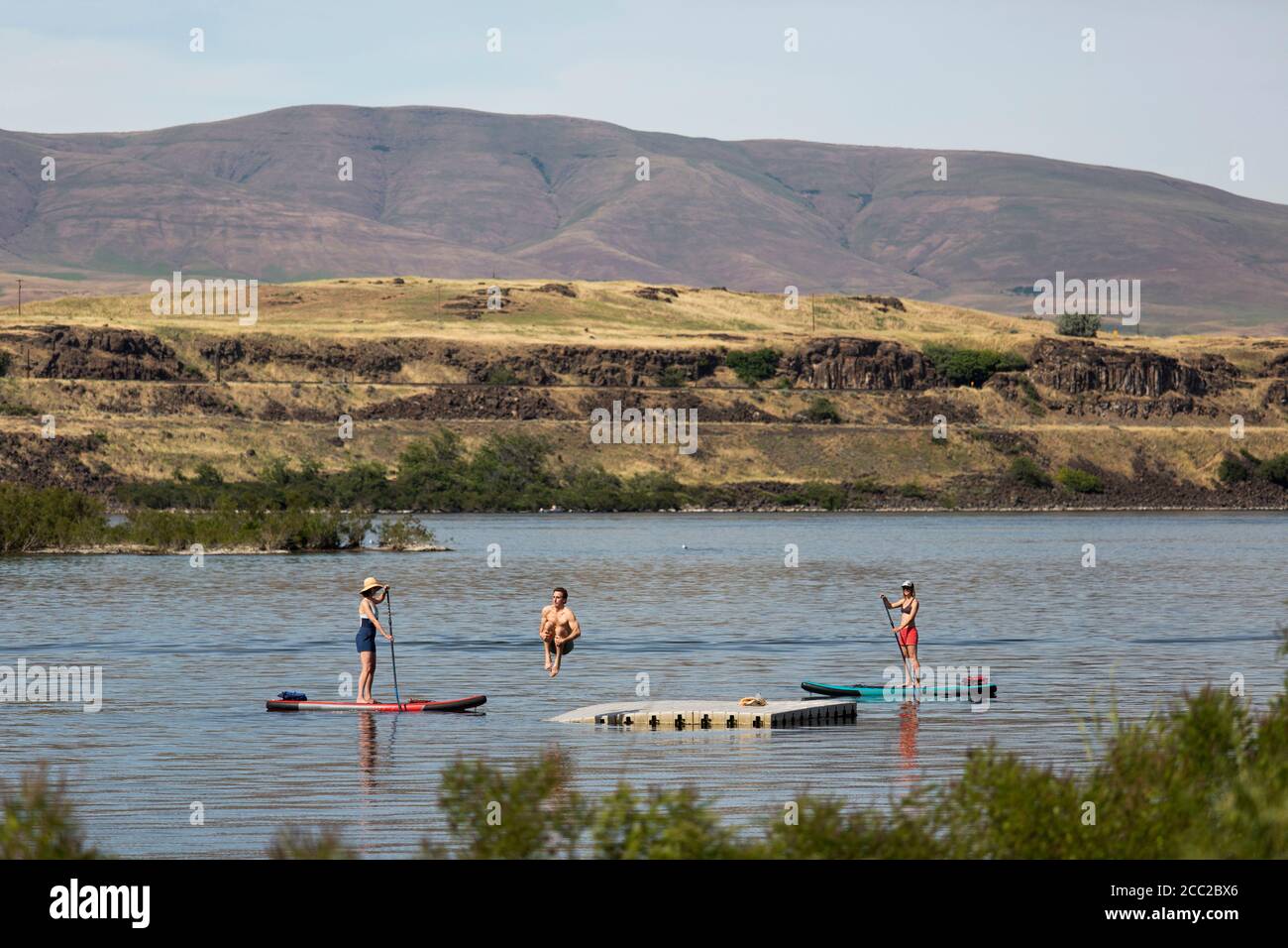 A young man jumps off a dock while friends on SUPs watch nearby. Stock Photo