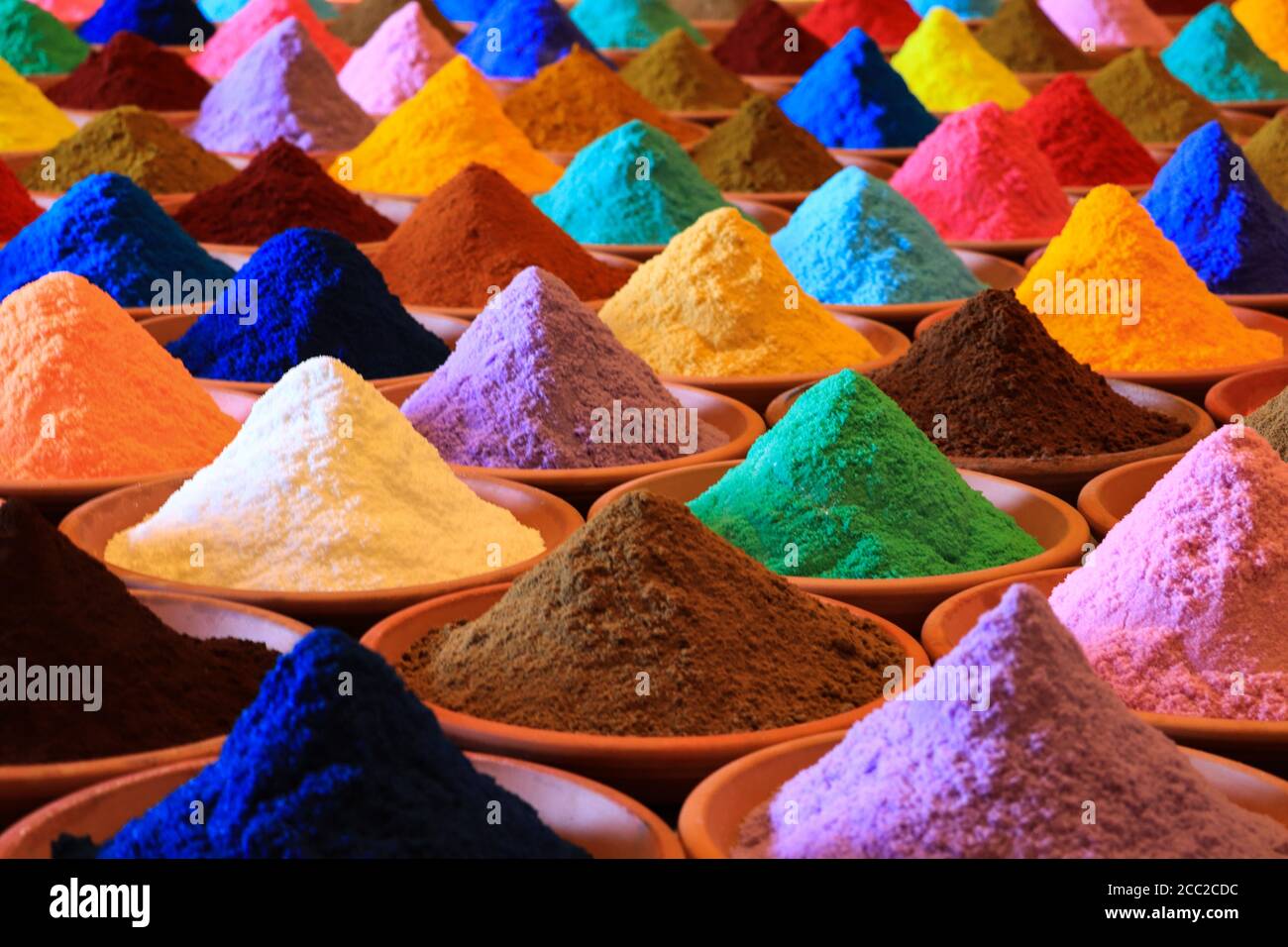 Various spices selection. multicolored powder dyes Stock Photo
