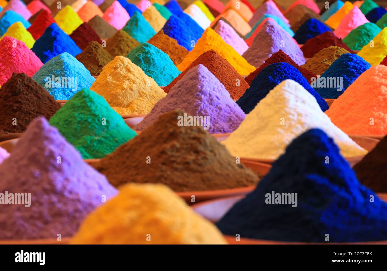 Various spices selection. multicolored powder dyes Stock Photo