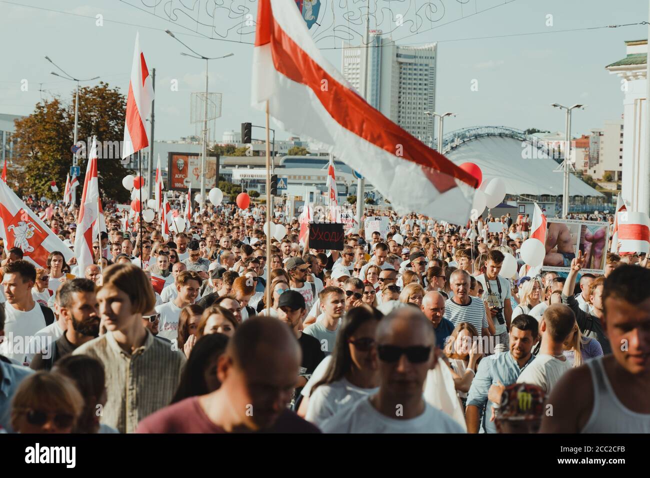 The largest protests in the history of independent Belarus. Demonstration against elections of President Lukashenko. Peaceful protestors holding big w Stock Photo