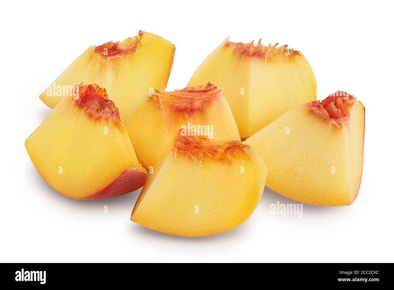 Ripe peach fruit slices isolated on white background with clipping path ...