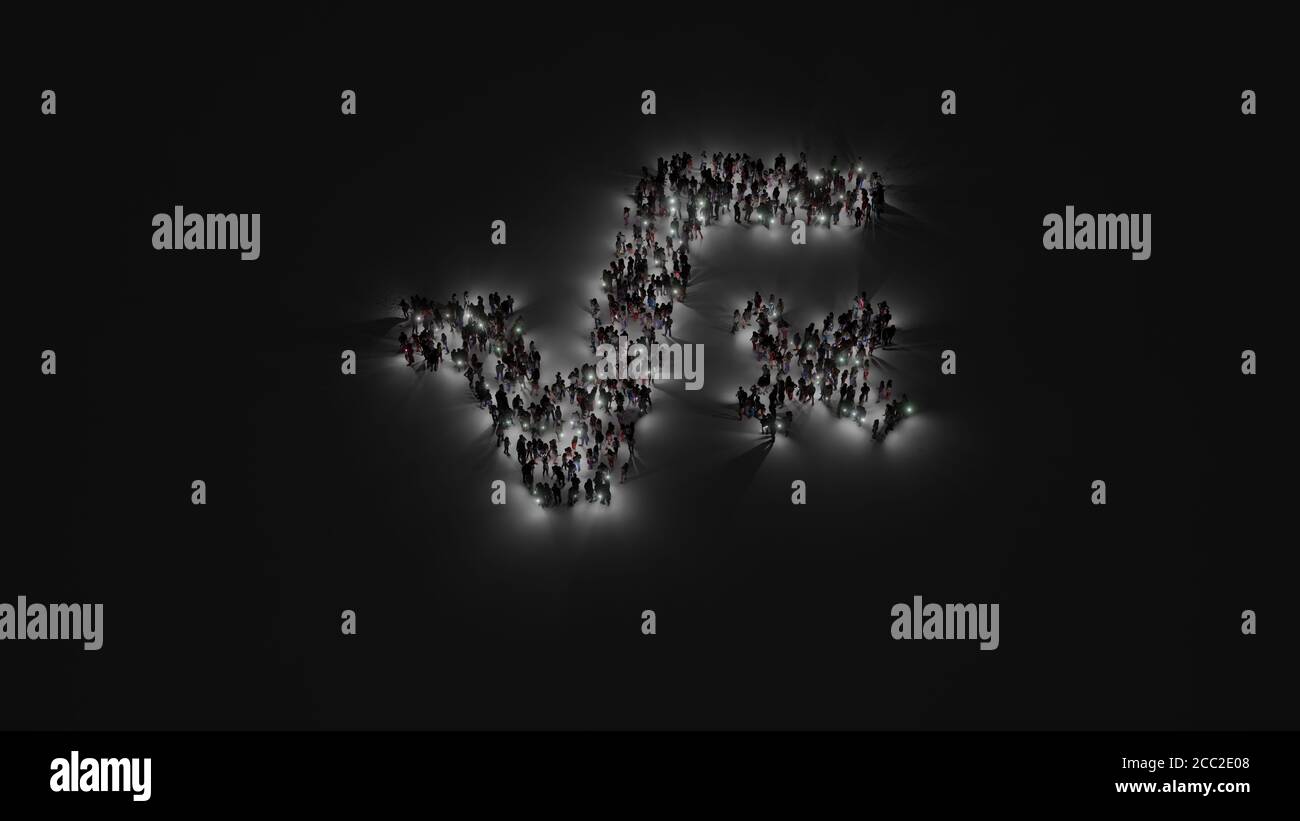 3d rendering of crowd of different people with flashlight in shape of symbol of root and letter x on dark background with shadows Stock Photo